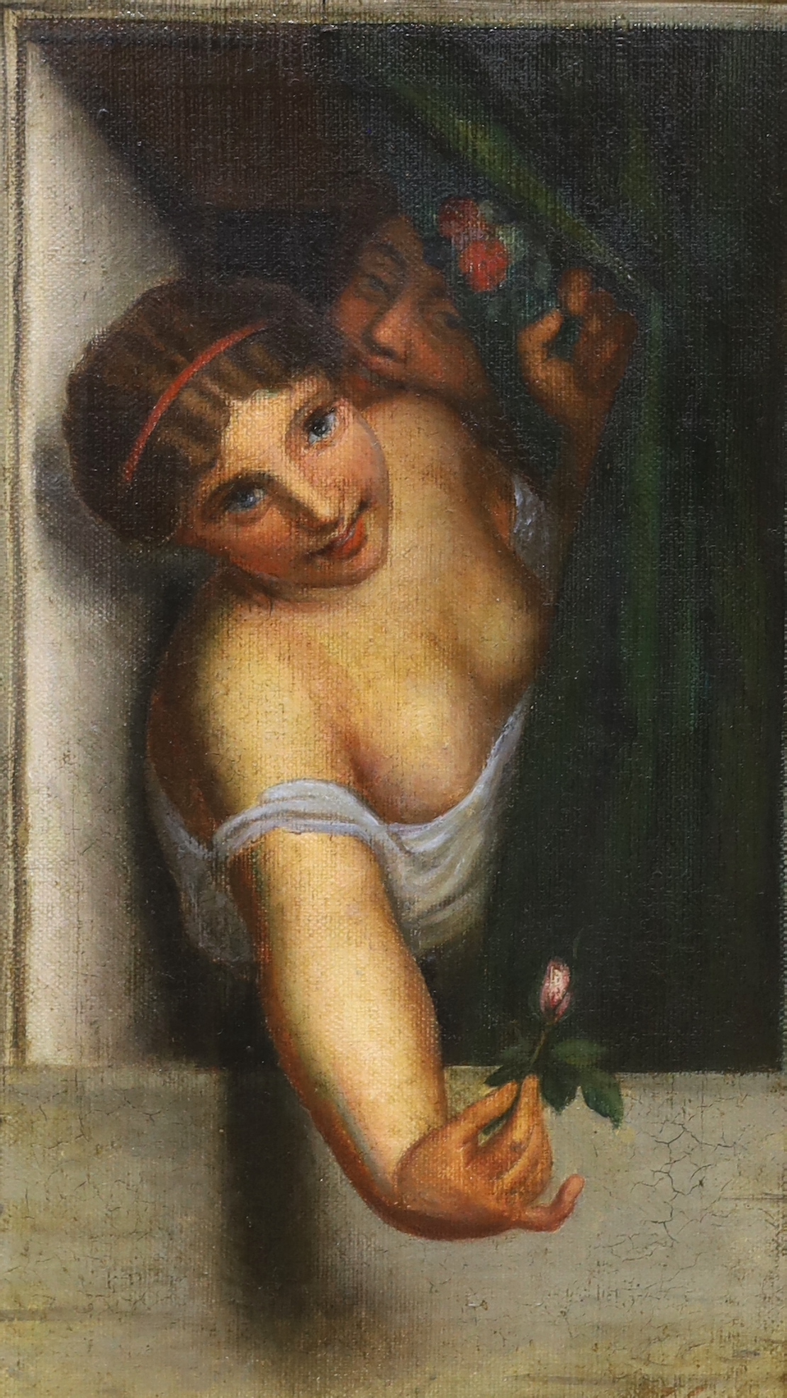 19th century Italian School, oil on canvas, Two figures at a window, one holding a rose bud, unsigned, 27cm x 16cm